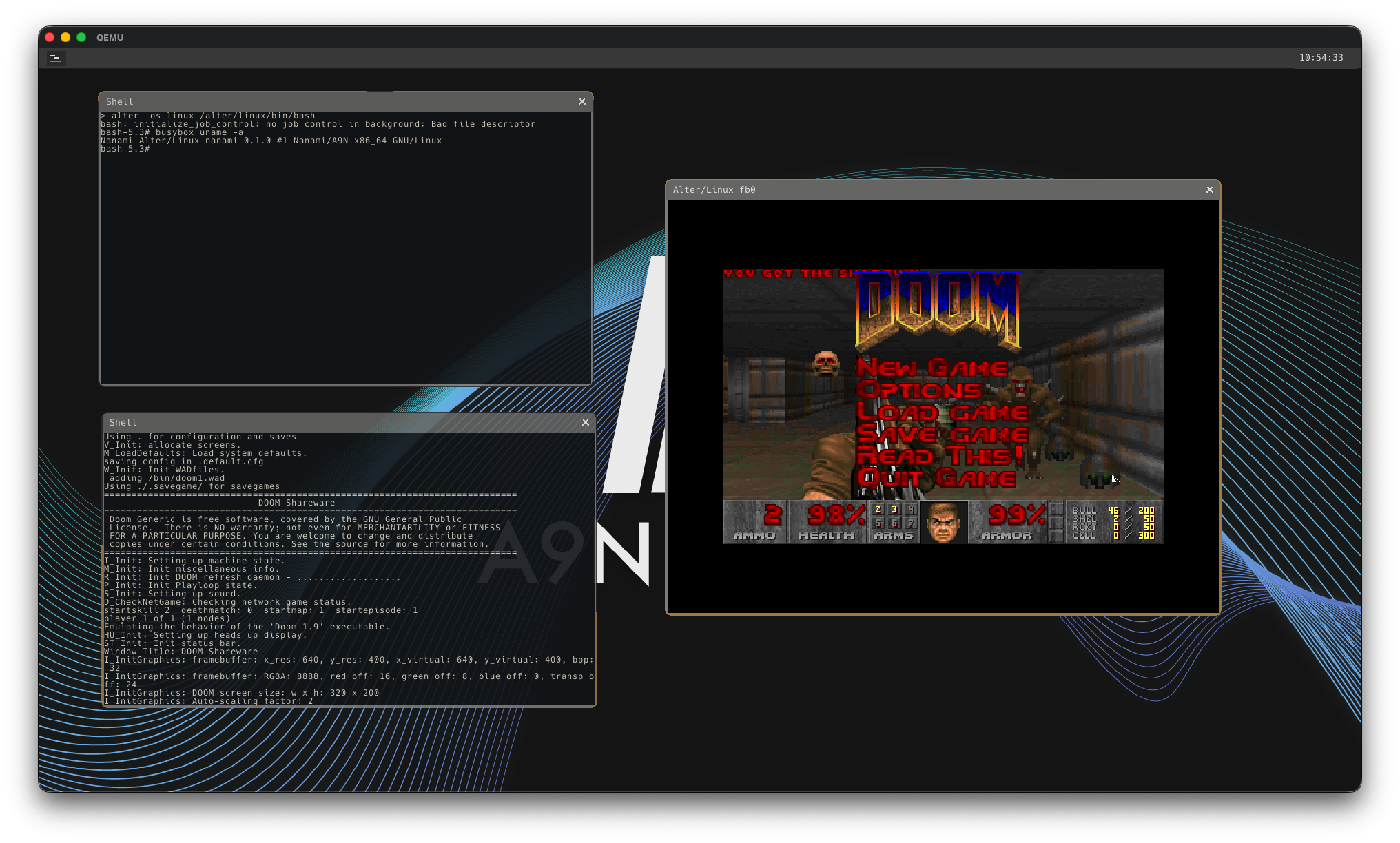 Alter/Linux上でBash，BusyBoxのuname，DOOMを無改変Linux Binaryとして実行している画面