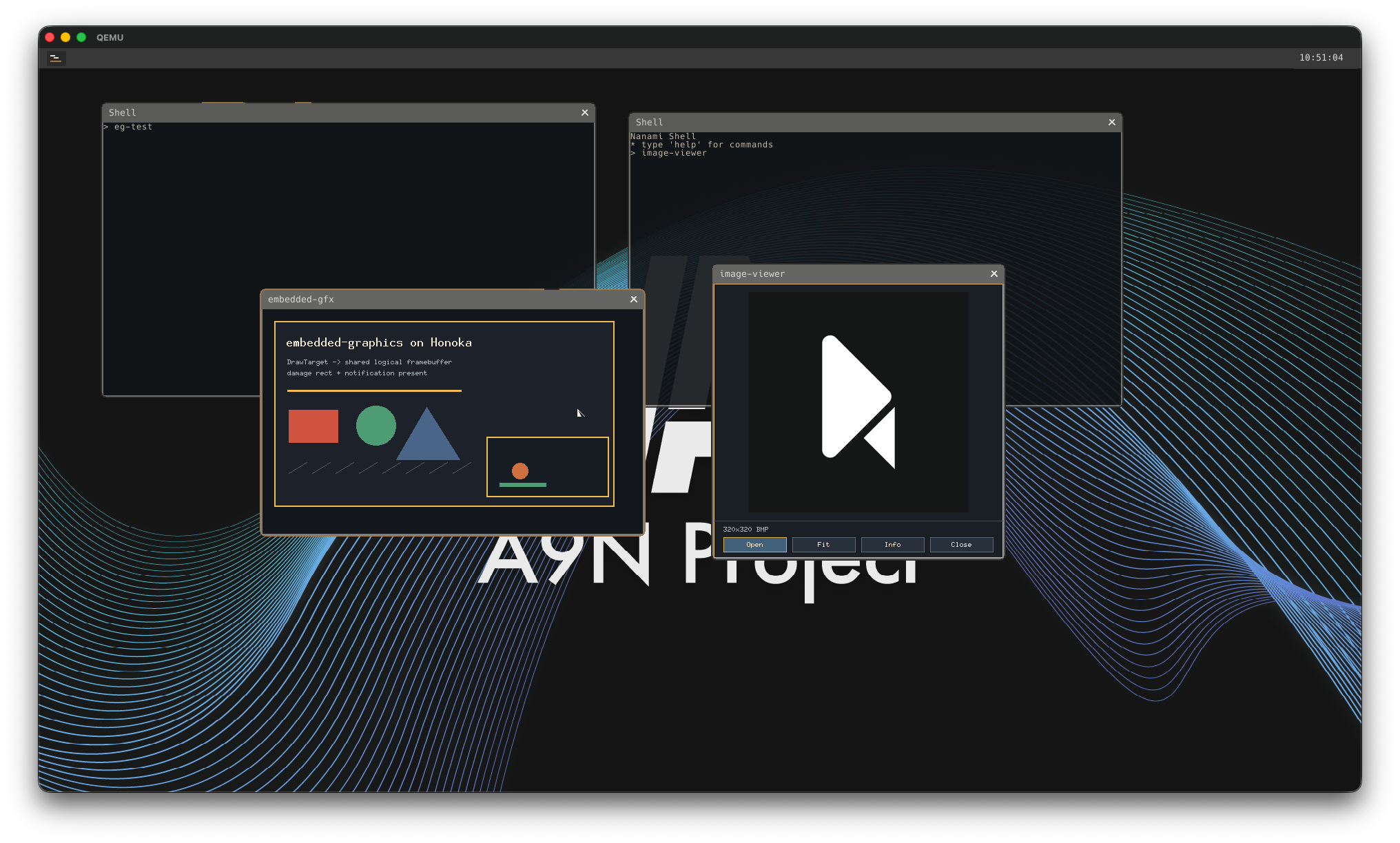 Honoka Desktop上でShell，embedded-gfx Demo，Image Viewerを起動している画面
